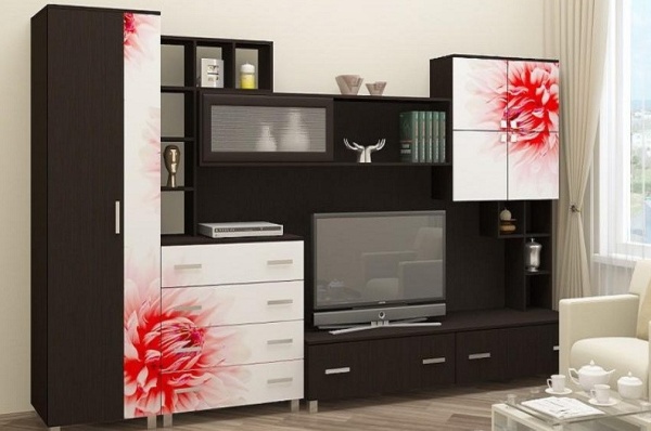 Гостиная Сицилия МДФ (Ш -3200 × В -2070 × Г-570 мм)/Венге + Белый Фотопечать на Выбор